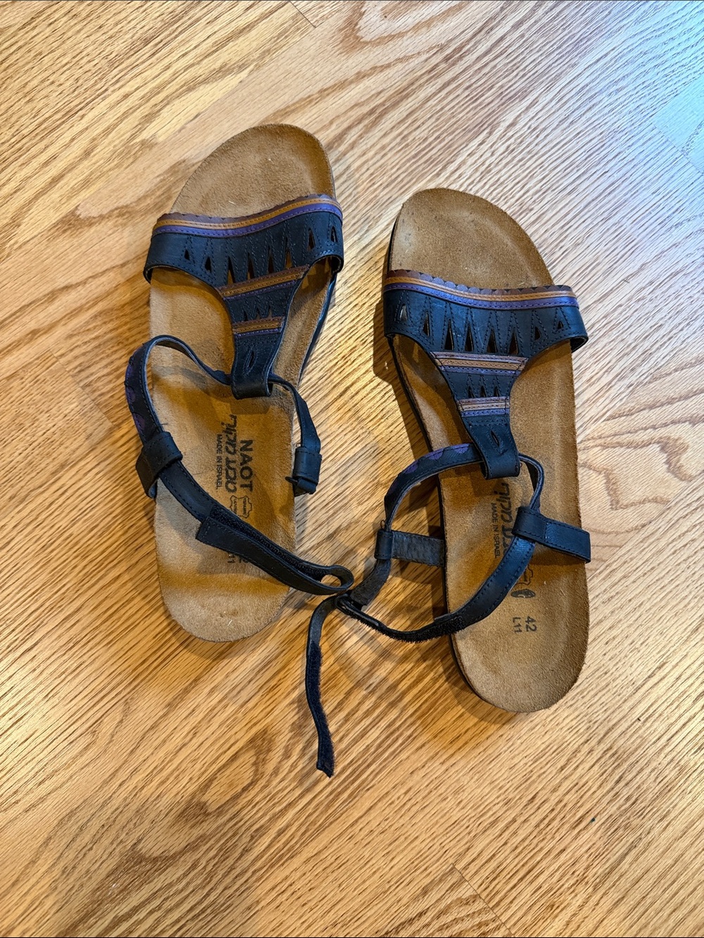 Naot Black Strappy Leather Sandals with Brown Footbed